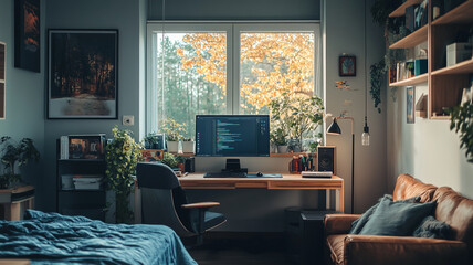 Cozy workspace featuring a computer desk, plants, and autumn views in soft afternoon light