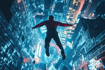A figure is free-falling amidst a vibrant, illuminated cityscape at night.