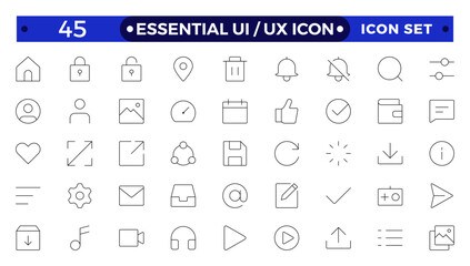 Best collection of ui ux icon set, user interface icon set collection. Basic User Interface Essential Set. Line Outline Icons. For App, Web, Print.