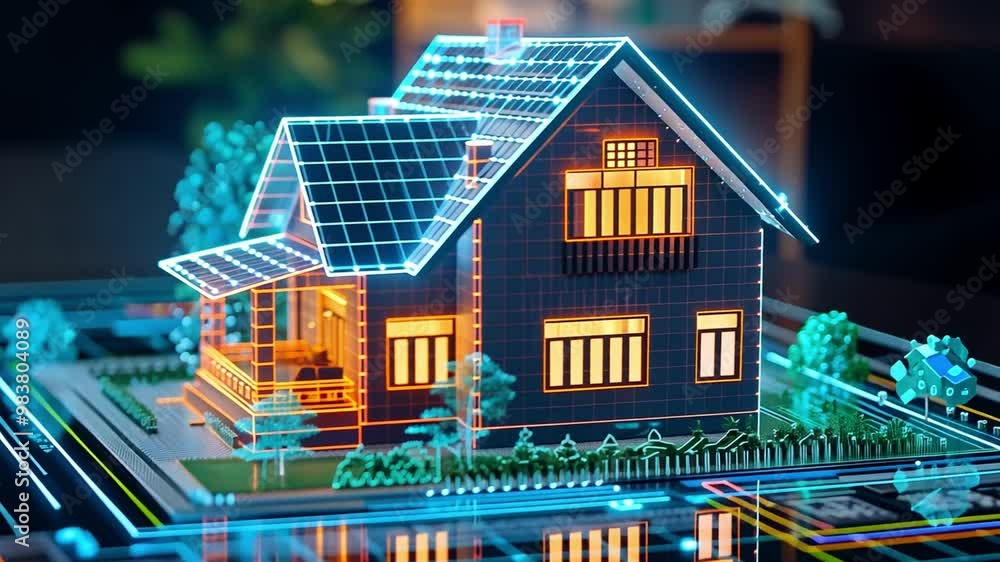 Aufkleber The digital representation of a house showcases glowing lines and solar panels, surrounded by trees, displayed on a virtual design blueprint in a contemporary office setting.