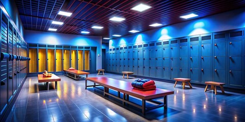 This roomy locker room offers a well-arranged space with sports gear, inviting benches, and individualized storage