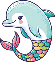 A vector of a whimsical dolphin with a tiny mermaid tail 