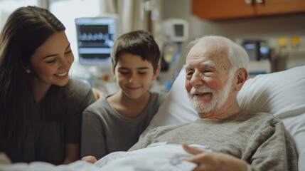 Obraz premium Family Visiting Elderly Man in Hospital Bed