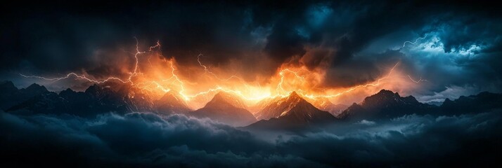 Fototapeta premium A mountain range engulfed in a lightning storm, with jagged bolts striking the peaks, and thick clouds swirling ominously above