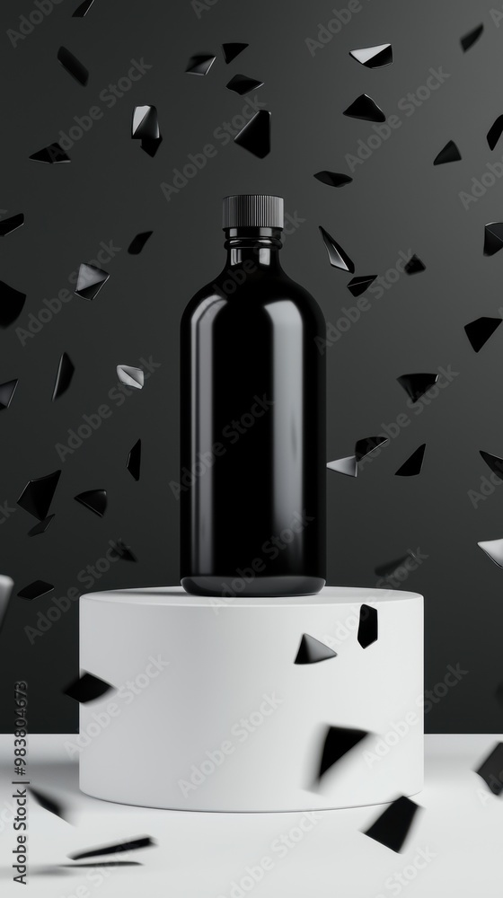 Poster black bottle on display with floating fragments