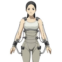 Female Character in Futuristic Suit with Wires and Straps.