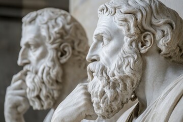 A striking image of two marble statues of bearded men