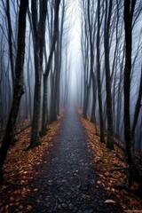 Obraz premium A narrow forest trail shrouded in thick fog, with trees towering on both sides, creating a mysterious atmosphere