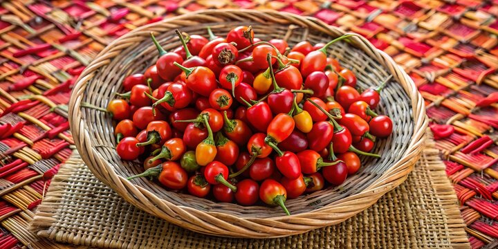 Tiny round hot red chiltepin peppers in a wicker basket on a woven mat in El Salvador