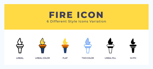 Fire flame icon symbol set. outline. glyph black. flat color and filled line color.