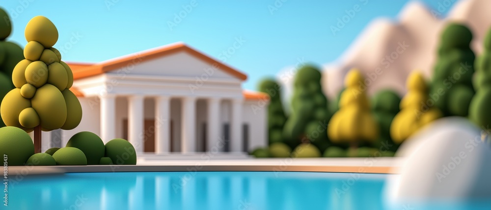Poster vibrant landscape with classical architecture and trees