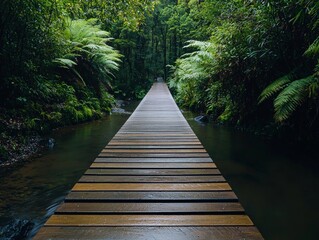 Obraz premium A narrow wooden bridge spanning a tranquil creek, surrounded by dense, lush greenery