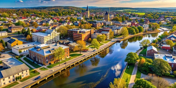 Aerial shot of downtown Frederick Maryland over Carroll Creek