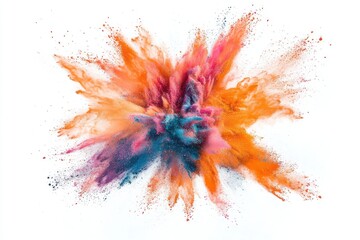 An energetic image of a colorful powder explosion featuring a blend of vibrant orange
