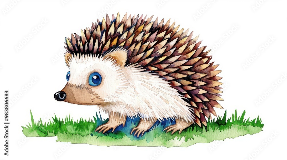 Poster Adorable hedgehog illustration showcasing its cute features in vibrant watercolors against a clean white backdrop.