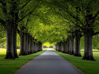 Obraz premium A peaceful pathway lined with towering trees, their branches forming a natural canopy overhead