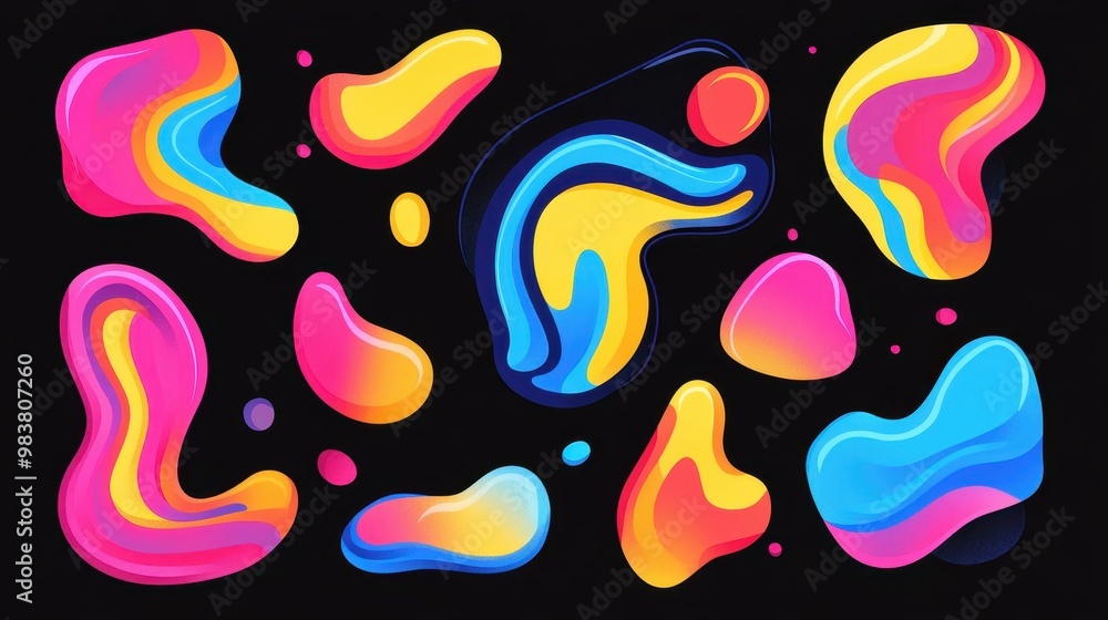 Poster vivid multicolored abstract shapes on a dark background create dynamic flow, perfect for modern desi