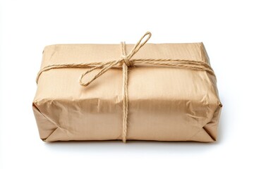 Brown paper parcel tied with string isolated on white background
