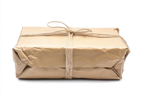 Brown paper parcel tied with string isolated on white background