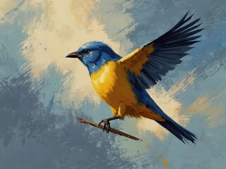 Fototapeta premium Blue and Yellow Bird with Spread Wings on Branch