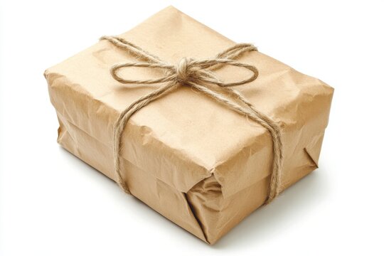 Brown paper parcel tied with string isolated on white background