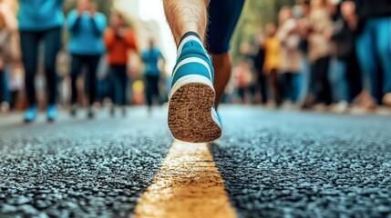 A person crossing a finish line, symbolizing achieving a work goal, with blurred figures cheering in the background