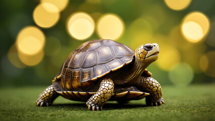 Obraz premium A Vastu or Feng Shui tortoise, symbolizing prosperity, carved shell with golden touch against a bokeh lush green backdrop
