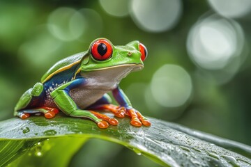 Naklejka premium Red-eyed tree frog sitting on a leaf in a rainforest, close-up. Jungle animal concept with vibrant green color and a tropical nature background