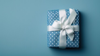 Festive gift box wrapped with a white ribbon bow on a soft blue background, perfect for celebrating father's day with joyful surprises and thoughtful presents
