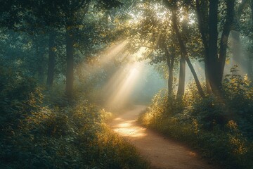 Sunbeams Illuminating a Forest Path