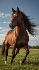 Obraz premium Majestic Bay Horse Running in Green Field