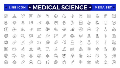 Medical science outline icons collection. Thin outline pack. Drug testing, scientific discovery disease prevention signs. Medical healthcare, doctor icons. Chemical formula, chemistry testing lab.