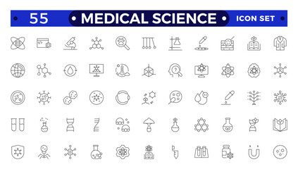Medical science outline icons collection. Thin outline pack. Drug testing, scientific discovery disease prevention signs. Medical healthcare, doctor icons. Chemical formula, chemistry testing lab.