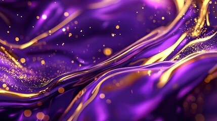 Abstract purple and gold liquid background with bokeh effect.