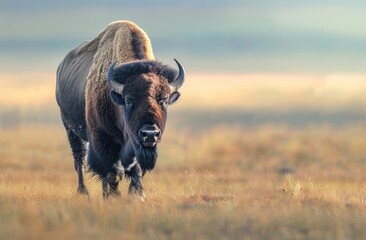 A lone bison stands in a field of tall grass, looking directly at the camera. The sun is setting in the background, casting a warm glow on the scene.