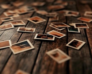 A cozy wooden table scattered with nostalgic photos, capturing moments and memories that evoke warmth and sentimentality.