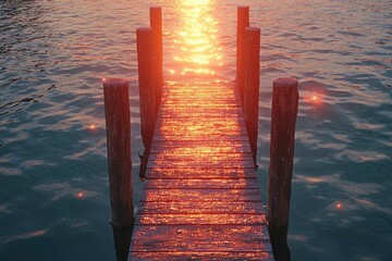 Wooden Pier Extending into Sun-Glinted Water