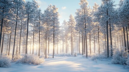 A quiet winter landscape shows a dense pine forest, each branch covered in thick white snow. The trees stand under a clear blue sky.