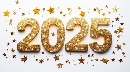 3D golden text "2025" with glitter and stars on a white background. Golden New Year celebration elements around the numbers, shiny metallic effect, isolated on white backgrounds.