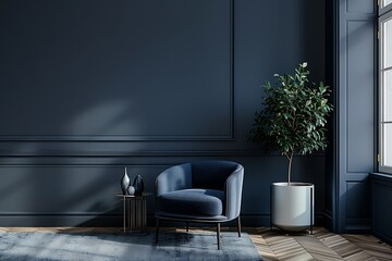 Deep dark livingroom with blue navy empty paint walls