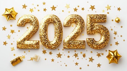 3D golden text "2025" with glitter and stars on a white background. Golden New Year celebration elements around the numbers, shiny metallic effect, isolated on white backgrounds.