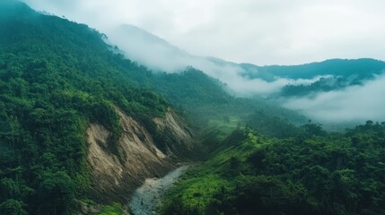 Machine learning models predicting landslide risks in a mountainous area with a light, serene color tone