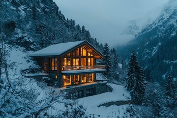 Fototapeta premium Illuminated Modern Cabin nestled in a Snowy Mountain Valley