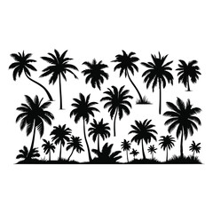 Set of black silhouettes of coconut tree. Black palms tree	