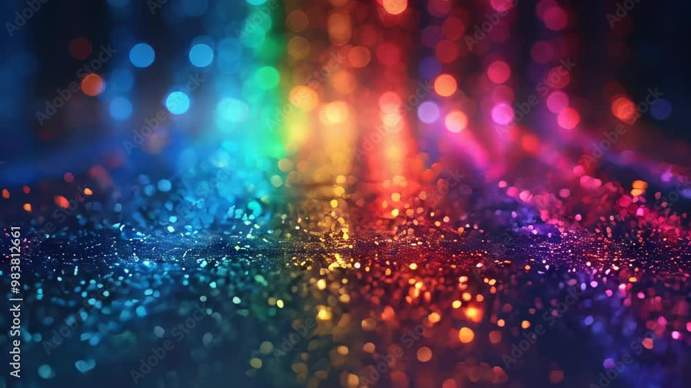 Poster a vibrant and colorful background of rainbow glitter with bokeh effect, creating a festive and joyfu