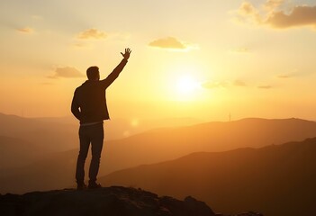 Fototapeta premium Happy man rise hand on morning view standing on top of mountain