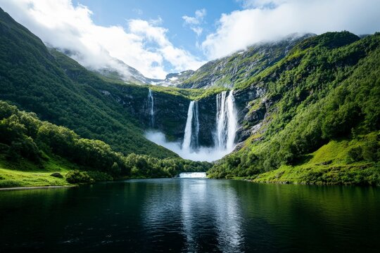 A powerful waterfall cascading down the side of a mountain, its roaring waters crashing into a pool below