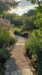 Obraz premium Winding pathway beckons visitors through lush greenery and aromatic blooms in tranquility