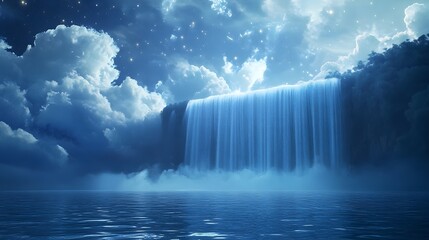 A serene minimalist 3D waterfall scene with mist rising into a blue sky with fluffy clouds and stars twinkling like fireflies