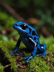 Obraz premium Bright blue poison dart frog in the rainforest.